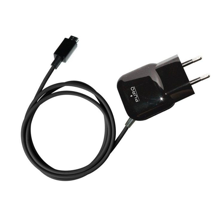 PURO mini kelioninis įkroviklis su „Micro USB“ laidu, juodas