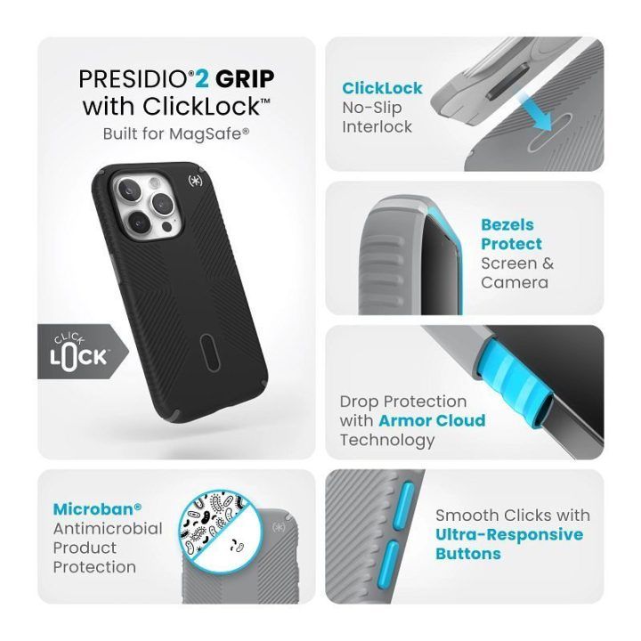 Speck Presidio2 Grip ClickLock MagSafe dėklas iPhone 15 Pro, juodas
