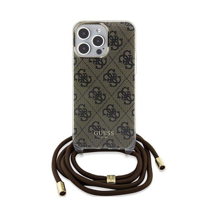 Telefono dėklas Guess Crossbody Cord 4G Print iPhone 15 Pro, rudas