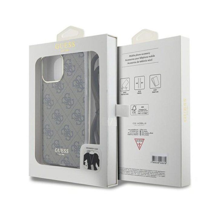 Telefono dėklas Guess Crossbody Cord 4G Print iPhone 15 Pro, rudas
