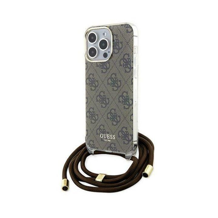 Telefono dėklas Guess Crossbody Cord 4G Print iPhone 15 Pro, rudas
