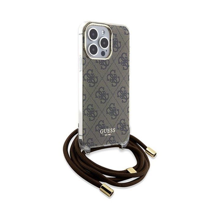 Telefono dėklas Guess Crossbody Cord 4G Print iPhone 15 Pro, rudas