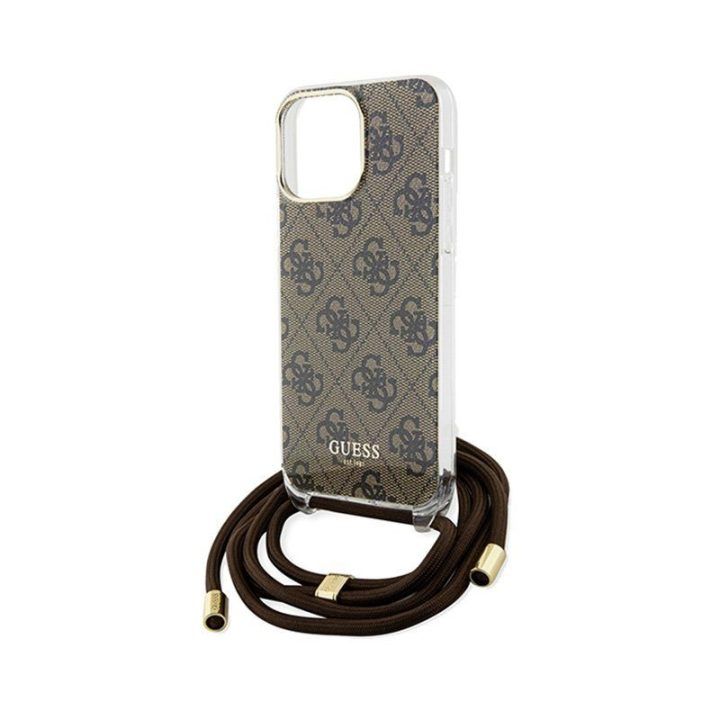Telefono dėklas Guess Crossbody Cord 4G Print iPhone 15 Pro, rudas