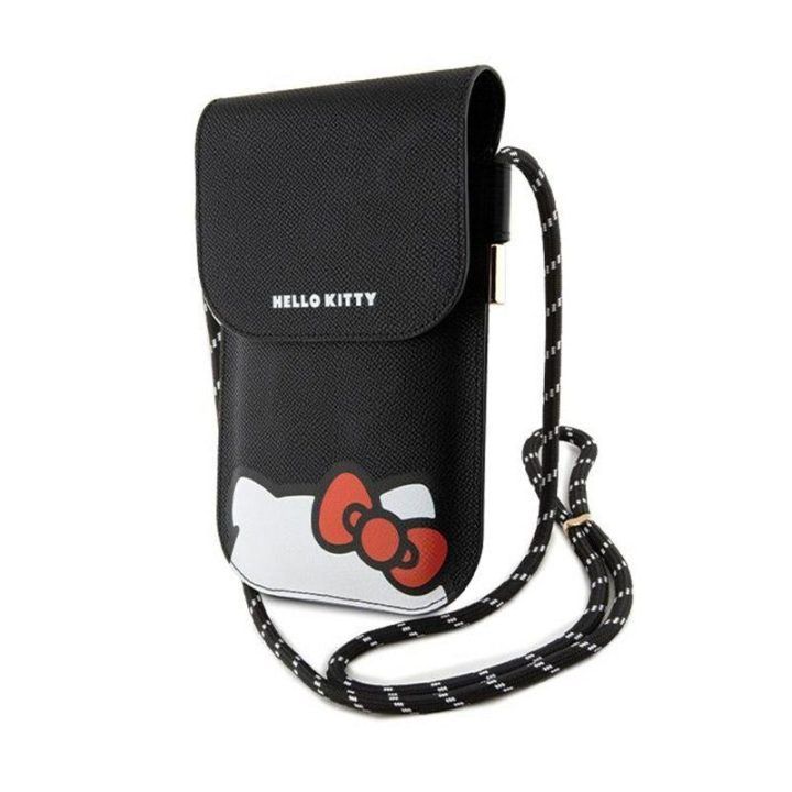 Telefono dėklas Hello Kitty juodas su dirželiu