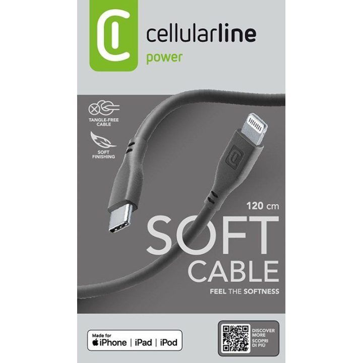 USB-C–Lightning laidas Cellularline Soft Cable, 1,2 m, juodas