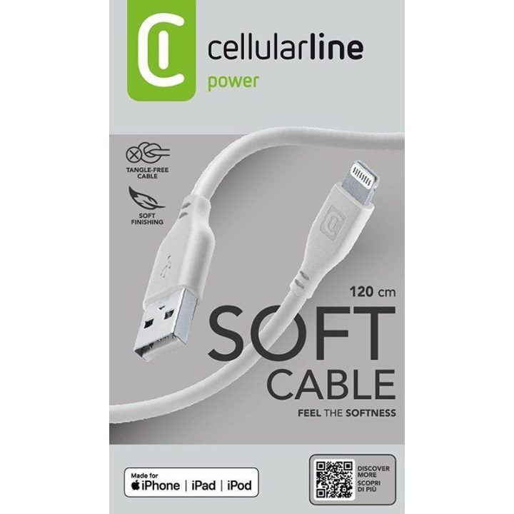 USB-A–Lightning laidas Cellularline Soft Cable 1,2 m, pilkas