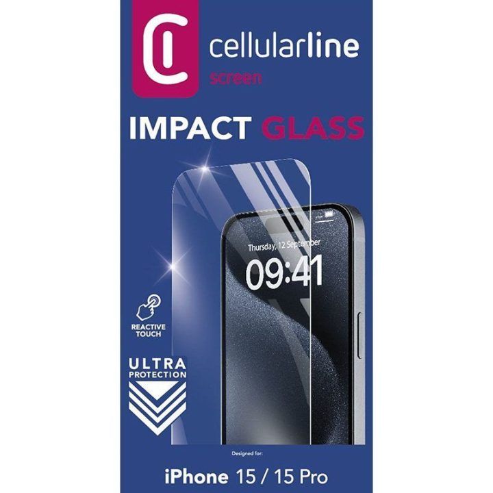 Apsauginis stiklas iPhone 15 / 15 Pro, Cellularline Impact Glass