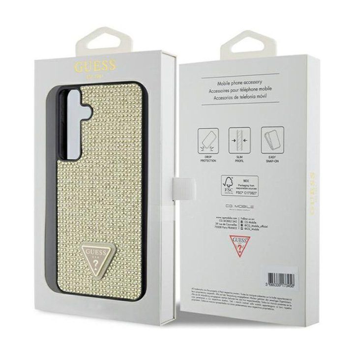 Dėklas Samsung Galaxy S24+ Guess su kristalais, auksinis