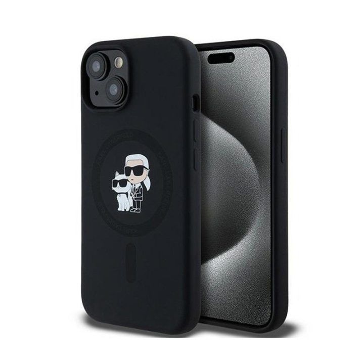 Silikoninis dėklas Karl Lagerfeld Karl & Choupette MagSafe iPhone 15 Plus / 14 Plus, juodas