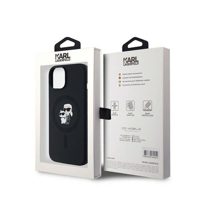 Silikoninis dėklas Karl Lagerfeld Karl & Choupette MagSafe iPhone 15 Plus / 14 Plus, juodas
