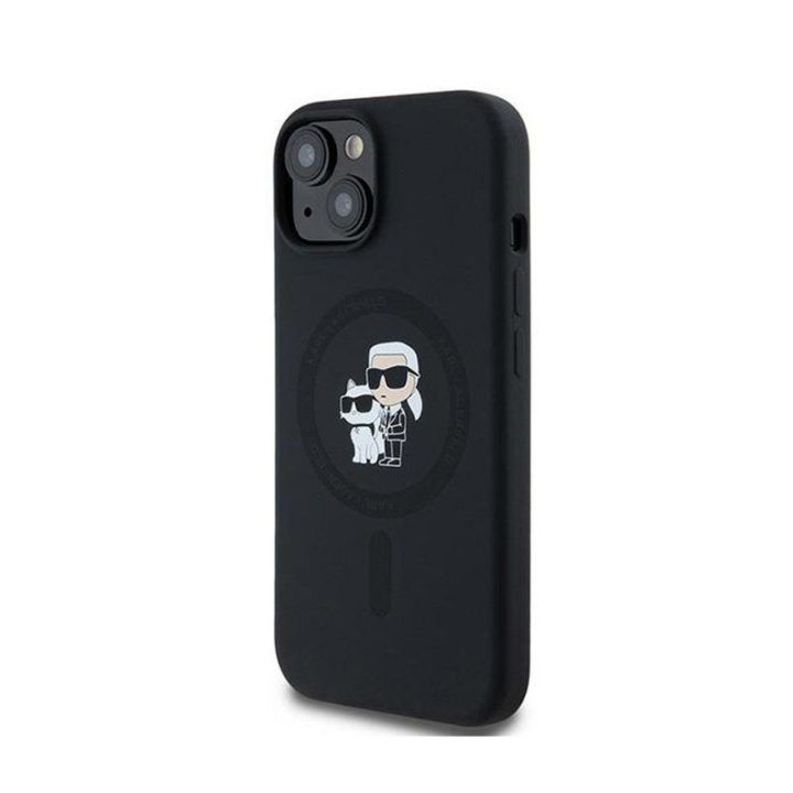 Silikoninis dėklas Karl Lagerfeld Karl & Choupette MagSafe iPhone 15 Plus / 14 Plus, juodas