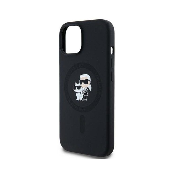 Silikoninis dėklas Karl Lagerfeld Karl & Choupette MagSafe iPhone 15 Plus / 14 Plus, juodas