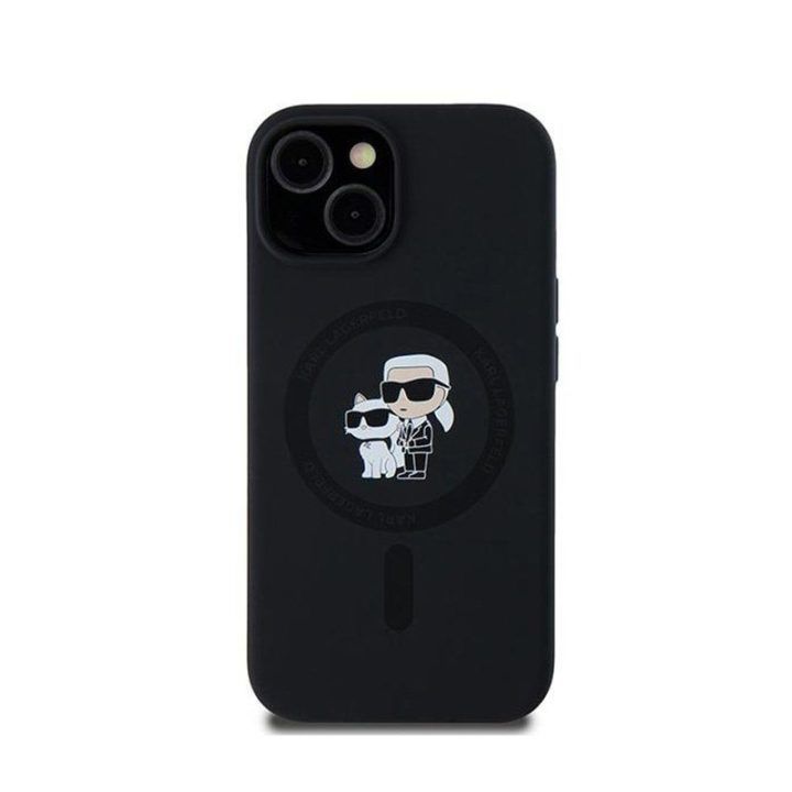 Silikoninis dėklas Karl Lagerfeld Karl & Choupette MagSafe iPhone 15 Plus / 14 Plus, juodas