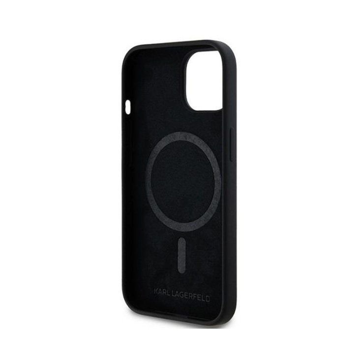 Silikoninis dėklas Karl Lagerfeld Karl & Choupette MagSafe iPhone 15 Plus / 14 Plus, juodas