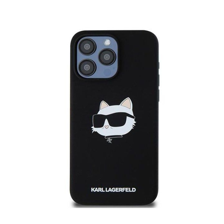 Silikoninis dėklas Karl Lagerfeld Choupette Head MagSafe iPhone 15 Pro, juodas