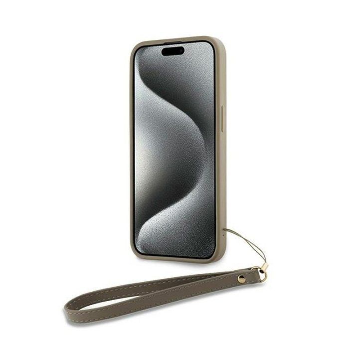 Dėklas DKNY su riešo dirželiu iPhone 15 / 14 / 13, smėlio spalvos