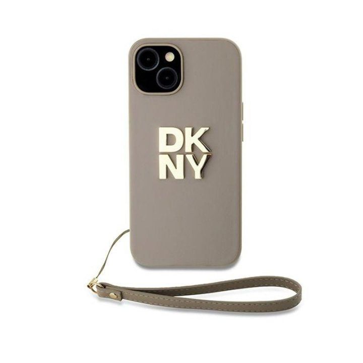 Dėklas DKNY su riešo dirželiu iPhone 15 / 14 / 13, smėlio spalvos