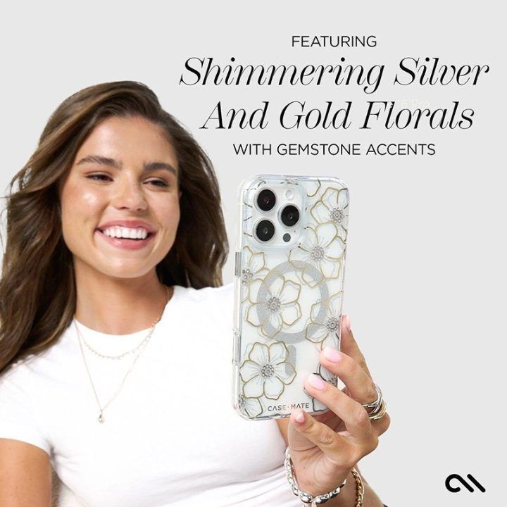 Dėklas iPhone 16 Pro Case-Mate Floral Gems, aukso spalvos