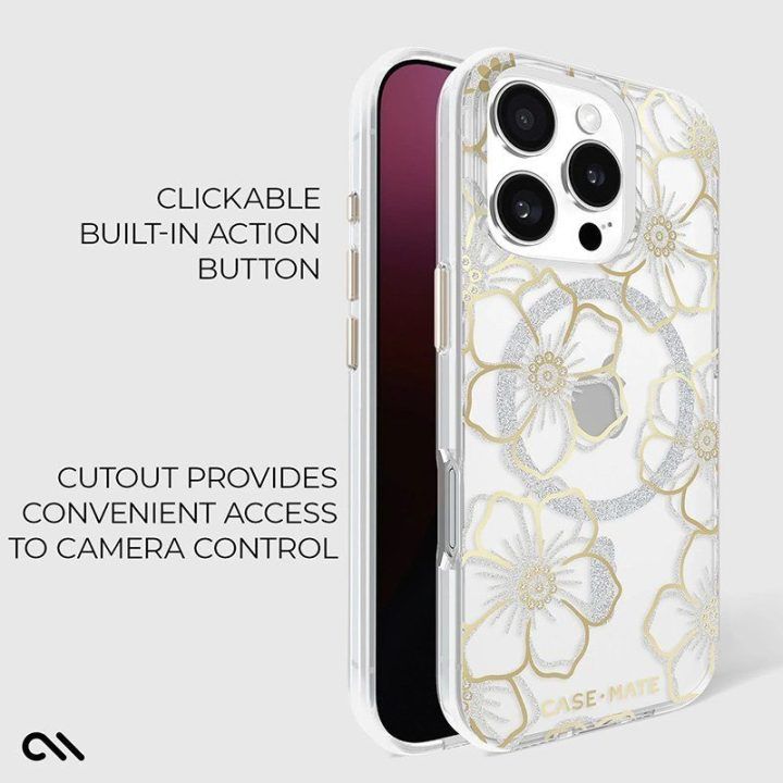 Dėklas iPhone 16 Pro Case-Mate Floral Gems, aukso spalvos