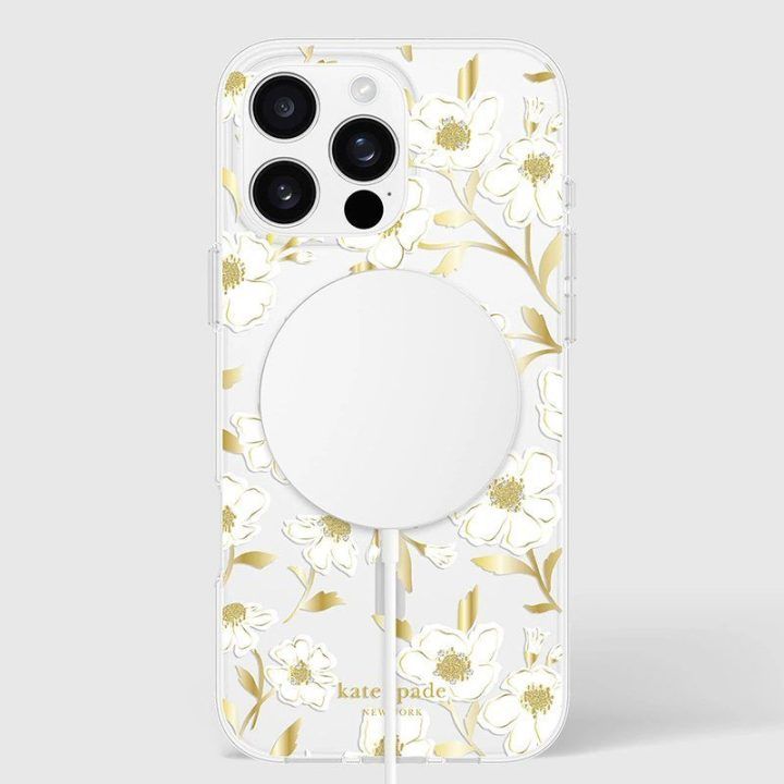 Dėklas iPhone 16 Pro Max, skaidrus su aukso spalvos akcentais