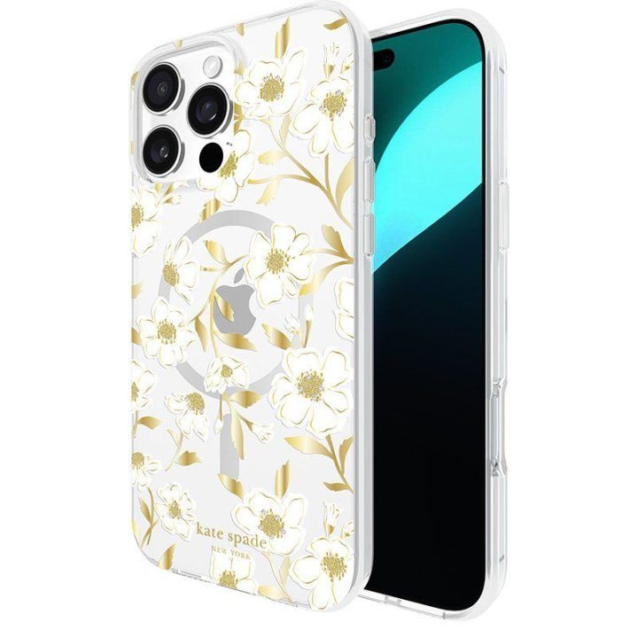 Dėklas iPhone 16 Pro Max, skaidrus su aukso spalvos akcentais