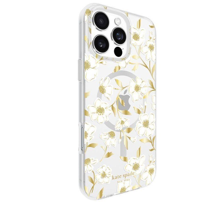Dėklas iPhone 16 Pro Max, skaidrus su aukso spalvos akcentais