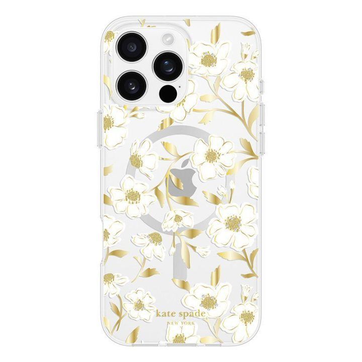 Dėklas iPhone 16 Pro Max, skaidrus su aukso spalvos akcentais