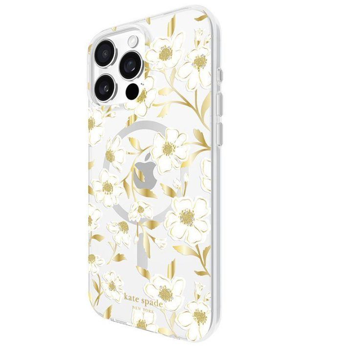 Dėklas iPhone 16 Pro Max, skaidrus su aukso spalvos akcentais
