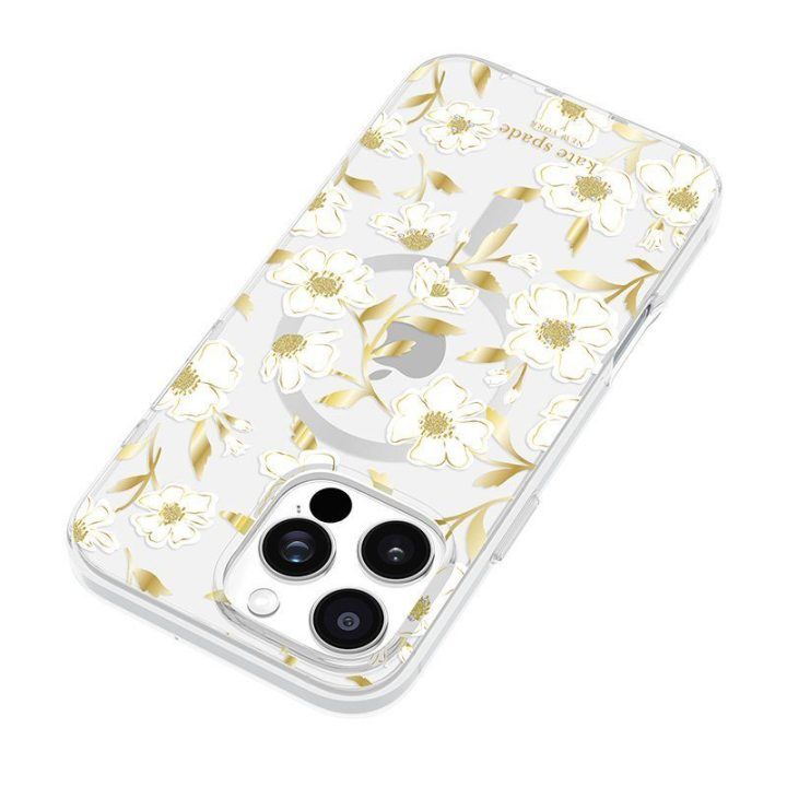 Dėklas iPhone 16 Pro Max, skaidrus su aukso spalvos akcentais