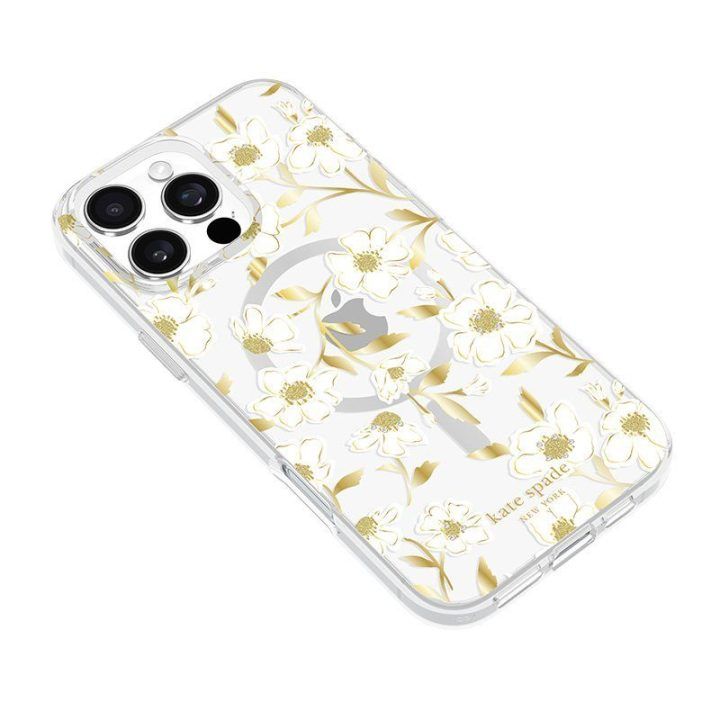 Dėklas iPhone 16 Pro Max, skaidrus su aukso spalvos akcentais
