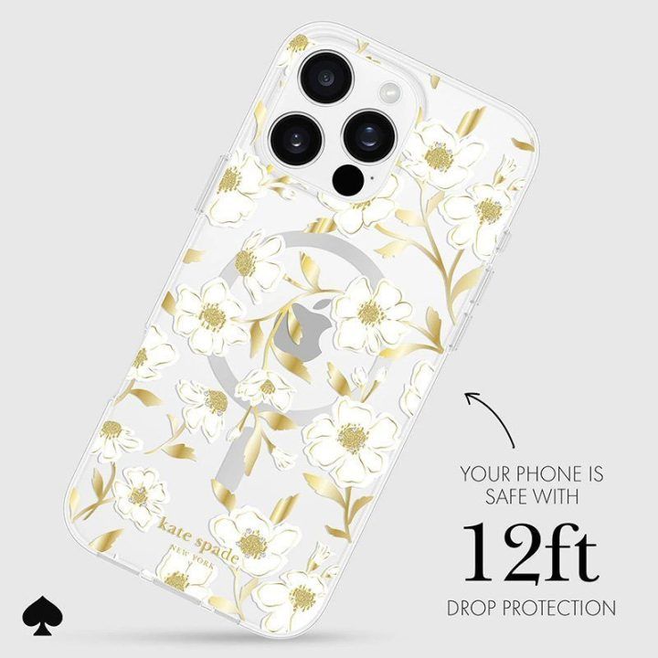 Dėklas iPhone 16 Pro Max, skaidrus su aukso spalvos akcentais