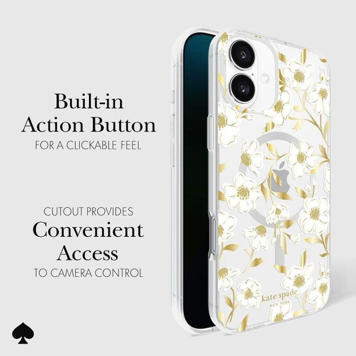 Dėklas iPhone 16 Plus Kate Spade New York su auksinėmis detalėmis