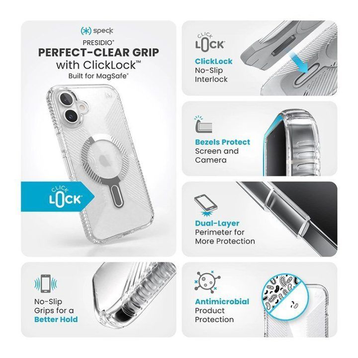 Permatomas dėklas iPhone 16 Plus Speck Presidio Perfect-Clear Grip ClickLock