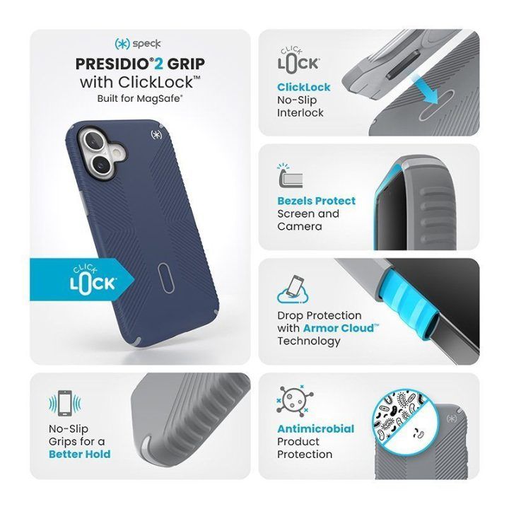 Dėklas iPhone 16 Plus Speck Presidio2 Grip ClickLock MagSafe, mėlynas