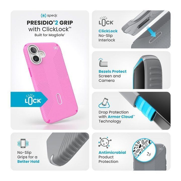 Dėklas iPhone 16 Plus Speck Presidio2 Grip ClickLock MagSafe, rožinis