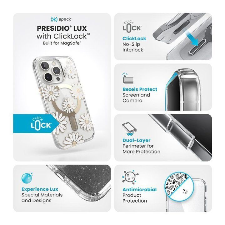 Dėklas iPhone 16 Pro Speck Presidio Lux ClickLock & MagSafe, permatomas