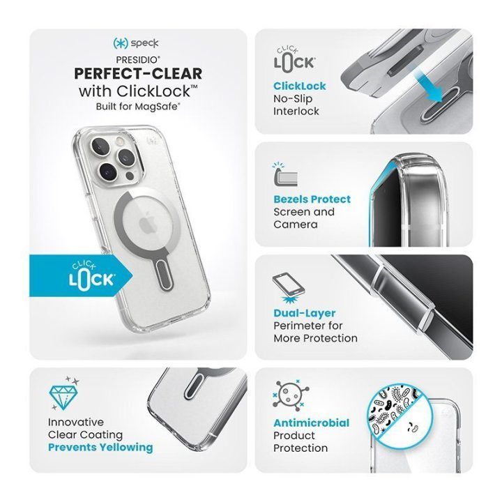 Permatomas dėklas Speck Presidio Perfect-Clear ClickLock MagSafe iPhone 16 Pro