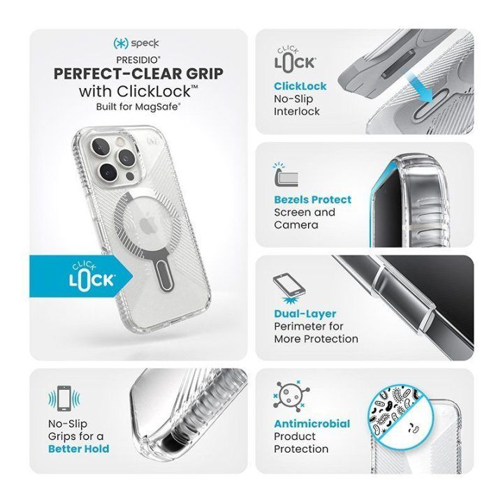 Dėklas iPhone 16 Pro, permatomas Speck Presidio Perfect-Clear Grip