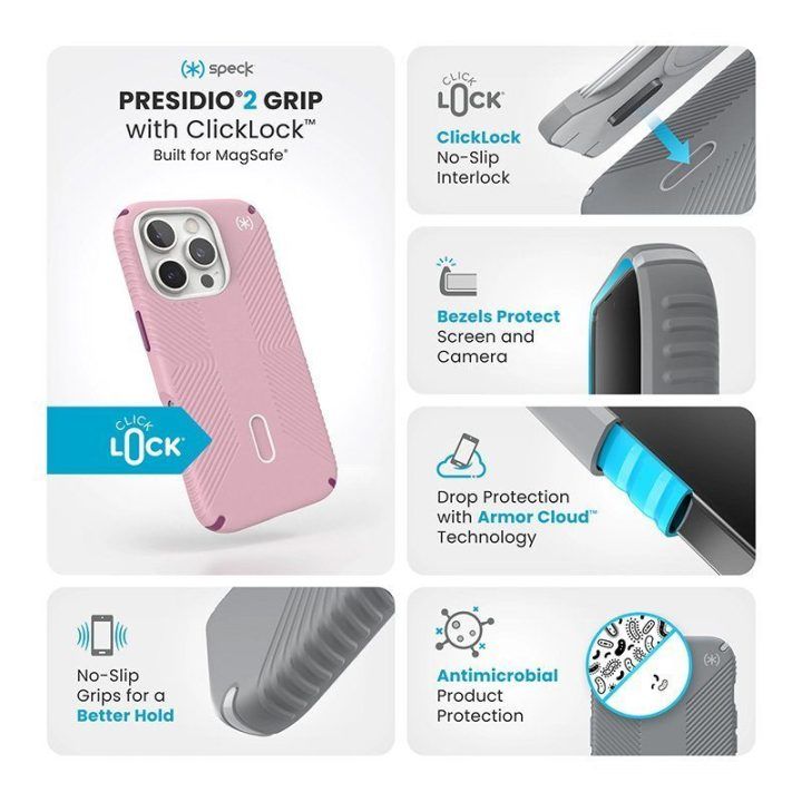 Dėklas iPhone 16 Pro Speck Presidio2 Grip ClickLock, rožinis