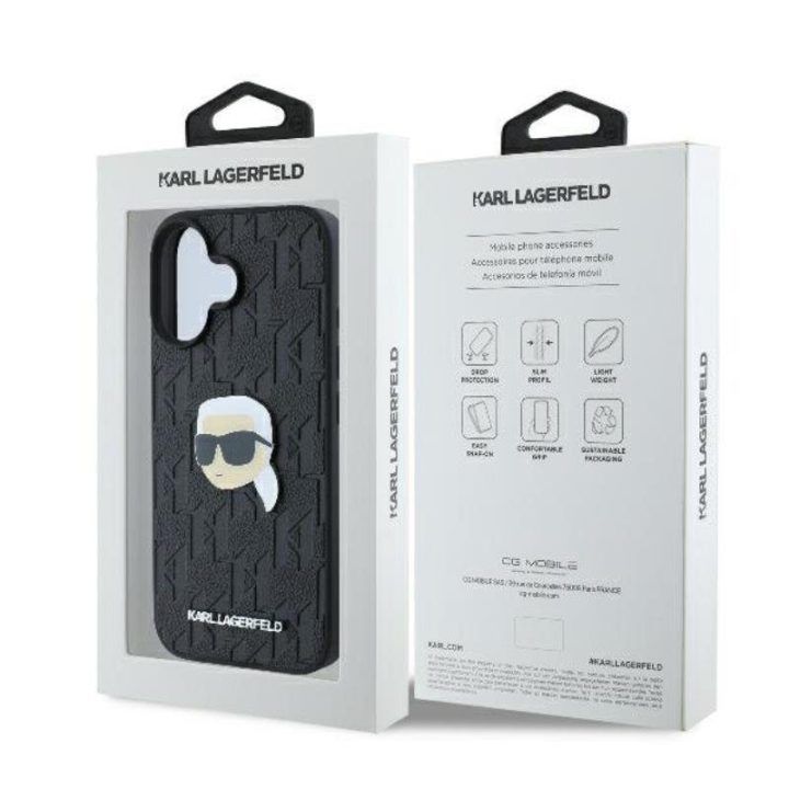 Dėklas iPhone 16 Karl Lagerfeld Monogram Karl Head Pin, juodas