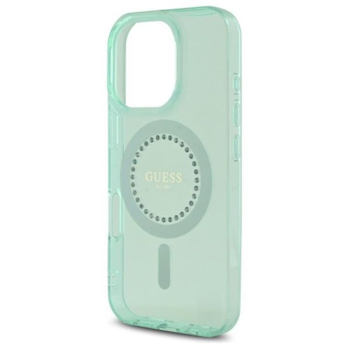 Dėklas Guess IML Rhinestones MagSafe iPhone 16 Pro Max, žalias