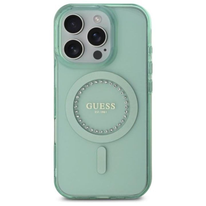 Dėklas Guess IML Rhinestones MagSafe iPhone 16 Pro Max, žalias