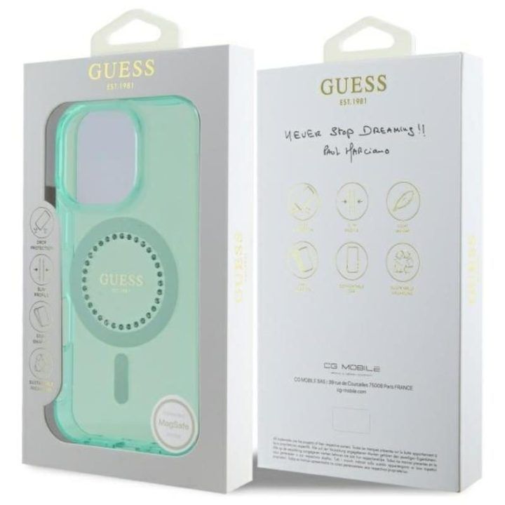 Dėklas Guess IML Rhinestones MagSafe iPhone 16 Pro Max, žalias