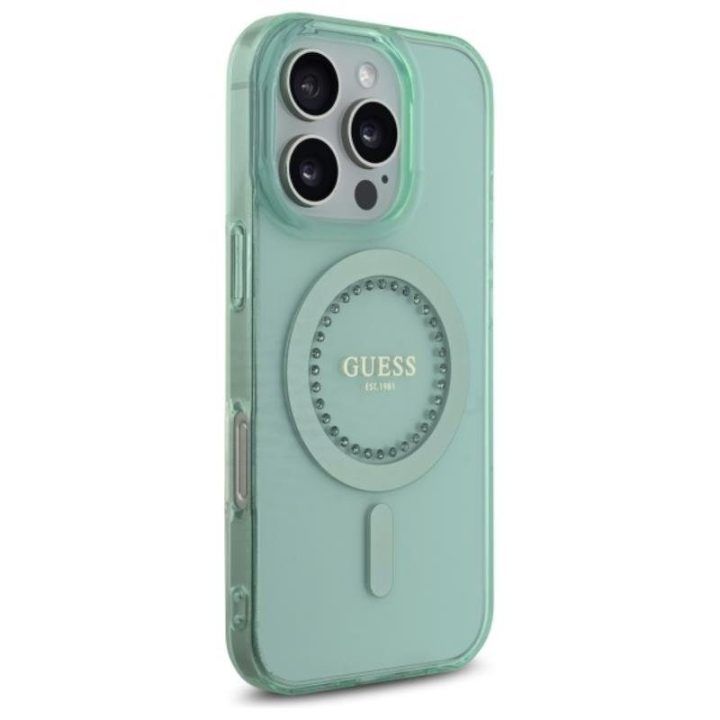 Dėklas Guess IML Rhinestones MagSafe iPhone 16 Pro Max, žalias