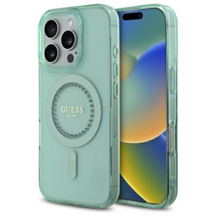Dėklas Guess IML Rhinestones MagSafe iPhone 16 Pro Max, žalias