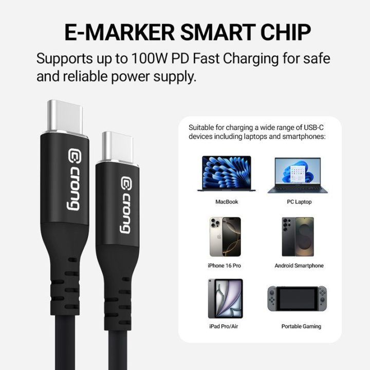 USB-C laidas 100W PD 5A 120 cm, juodas Crong Soft Link