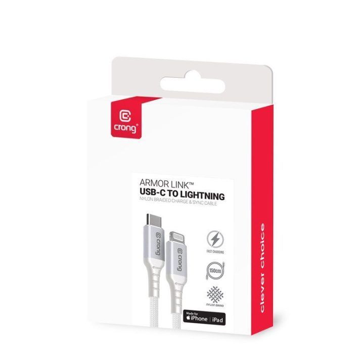 USB-C–Lightning laidas Crong Armor Link, 150 cm, baltas