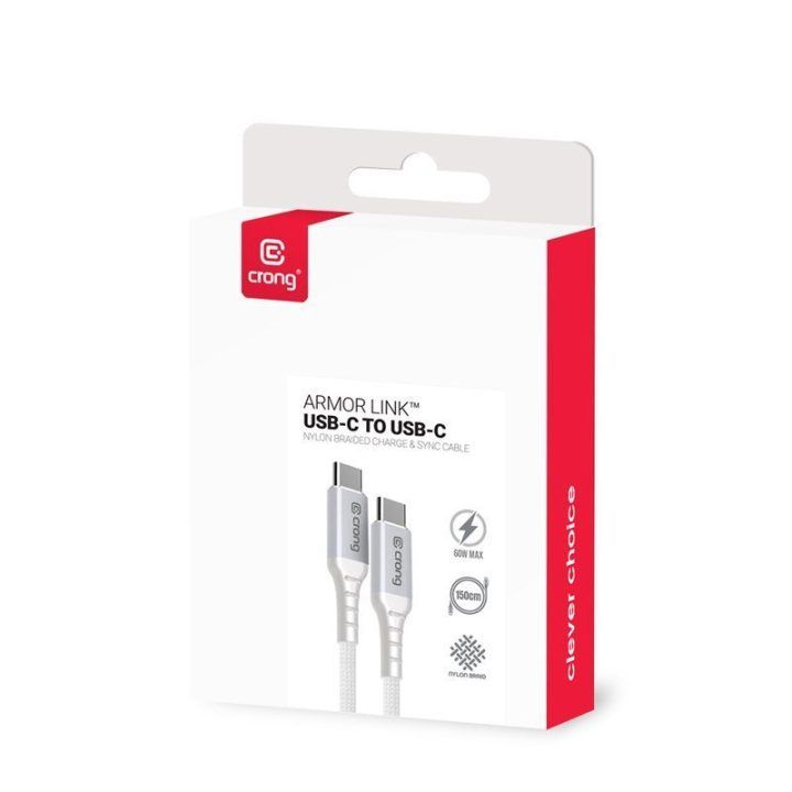 USB-C laidas Crong Armor Link 60W, 150 cm, baltas
