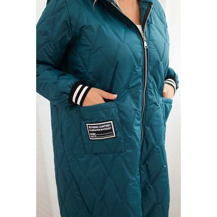 Moteriška Plus Size dygsniuota striukė su gobtuvu ir sportiniais rankogaliais, žalsvai mėlyna