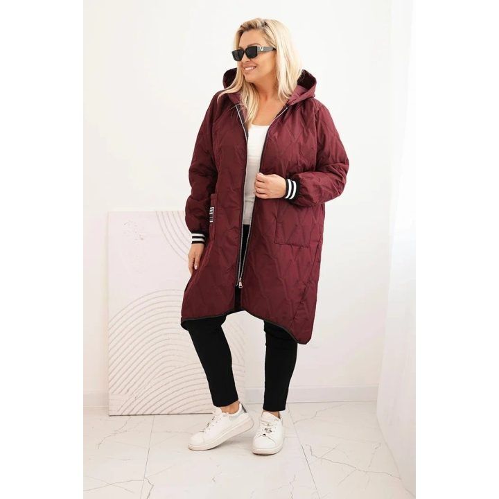 Moteriška Plus Size dygsniuota striukė su gobtuvu ir sportiniais rankogaliais, tamsiai raudonos spalvos